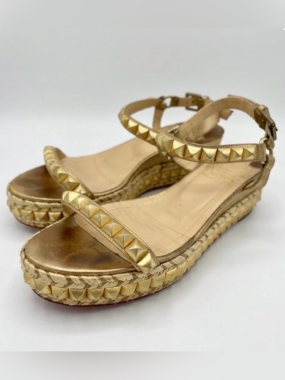 Christian Louboutin Gold Studded Espadrille Wedge Sandals